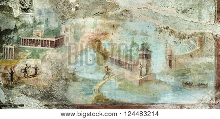 POMPEII ITALY - AUG 2 1998;: Detail of mural painting in the interior of the ancient house in Pompeii. Italy.