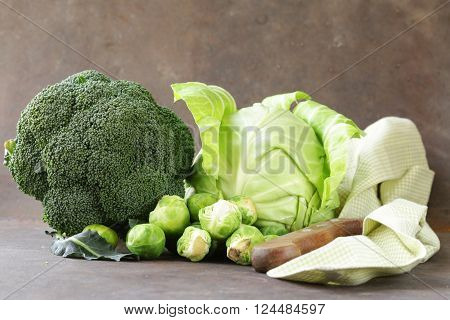 different kinds of cabbage - broccoli, Brussels sprouts and white cabbage
