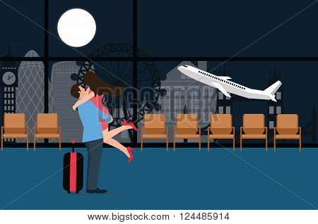 couple meet at airport landing take off departure night love farewell plane background vector