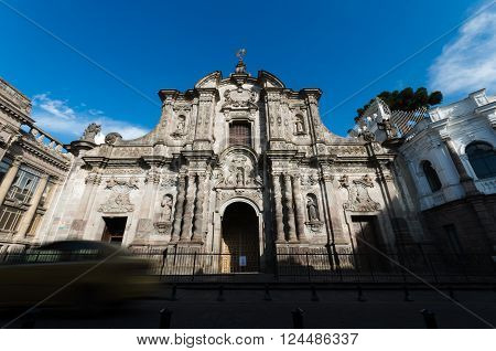 Frontal view of emplematic church in historical center of Quito, Compania de Jesus