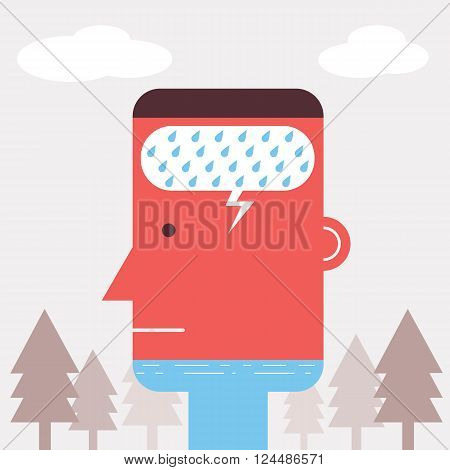 Rain in the Red head art concept and gray trees