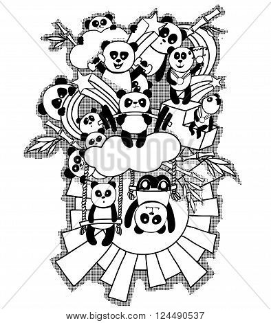 Vector illustration. Abstract doodle with the sun, clouds, rainbow and stars.  Cute cartoon pandas do sports. Healthy lifestyle. Black and white