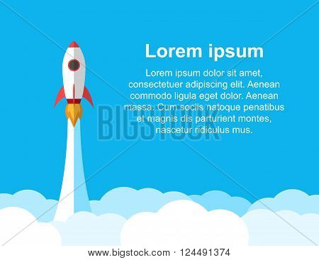 Rocket in sky, new project startup, business or education template. Vector EPS 10.