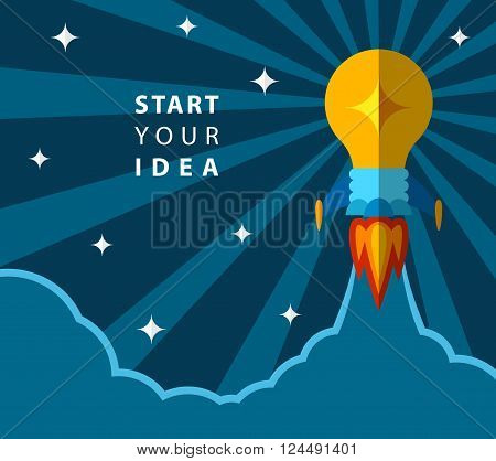 Start your idea, creative poster with light bulb transformed into rocket. Rocket flying to the space. Vector EPS 10. Removable text, put your own if needed.