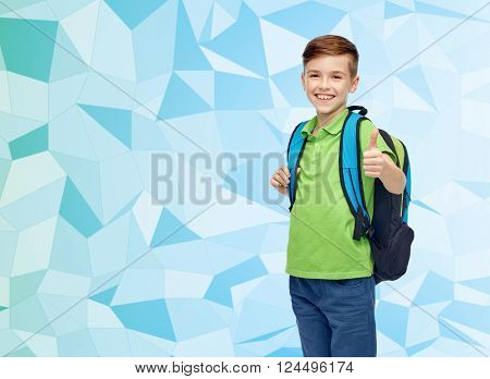 childhood, school, education and people concept - happy smiling student boy with school bag over blue low poly texture background