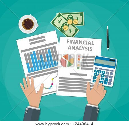 Financial calculations. Working process. businessman hands, calculator, financial reports, money, coins, pen, coffee cup. Top view. vector illustration in flat design on green background