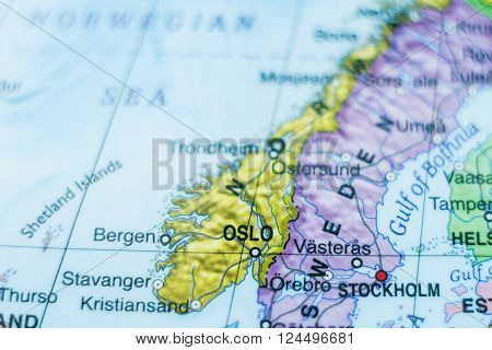 Photo of a map of Norway and the capital Oslo .