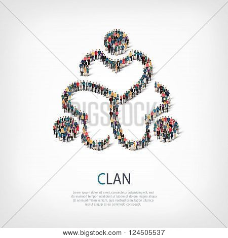 Isometric set of styles, clan , web infographics concept  illustration of a crowded square, flat 3d. Crowd point group forming a predetermined shape. Creative people. - Vector Illustration. Stock vector.