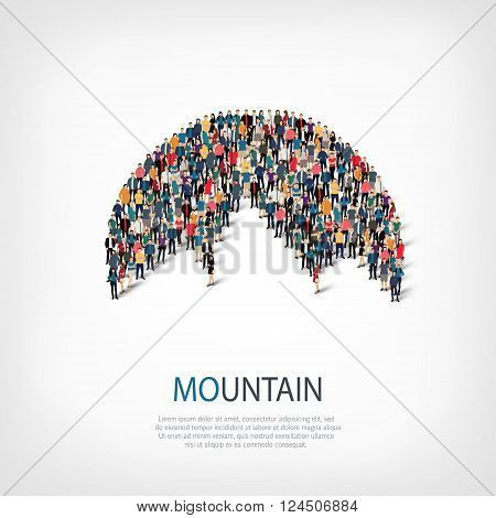 Isometric set of styles, mountain , web infographics concept  illustration of a crowded square, flat 3d. Crowd point group forming a predetermined shape. Creative people. - Vector Illustration. Stock vector.