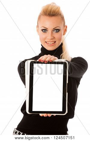 Woman Holding Tablet Computer With Blanck Screen For Commercial, Promotion, Advertising Message.