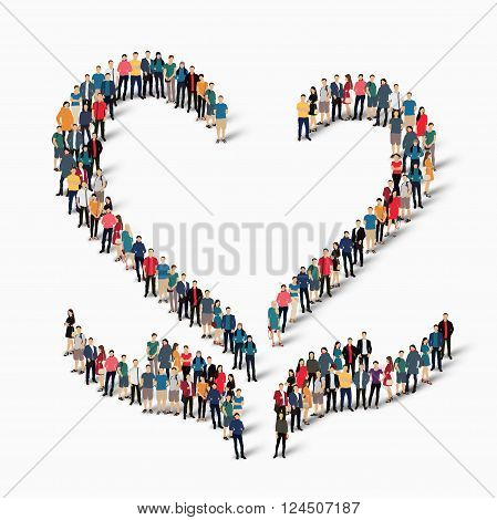 Isometric set of styles, love symbol, web infographics concept  illustration of a crowded square, flat 3d. Crowd point group forming a predetermined shape. Creative people. - Vector Illustration. Stock vector.
