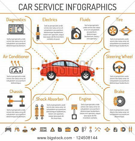 Car Service Infographics with Icons for Web Site, Advertising like Brake, Battery, Oil.