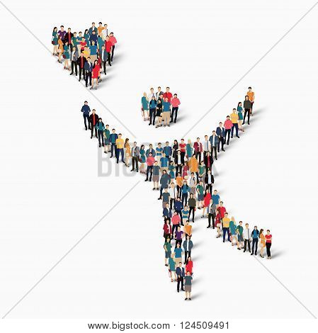 Isometric set of styles, man with heart , web infographics concept  illustration of a crowded square, flat 3d. Crowd point group forming a predetermined shape. Creative people. - Vector Illustration. Stock vector.
