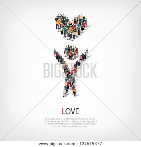 Isometric set of love , web infographics concept vector illustration of a crowded square, flat 3d. Crowd point group forming a predetermined shape. Creative people. - Vector Illustration. Stock vetor.