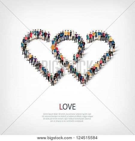 Isometric set of love , web infographics concept vector illustration of a crowded square, flat 3d. Crowd point group forming a predetermined shape. Creative people. - Vector Illustration. Stock vetor.