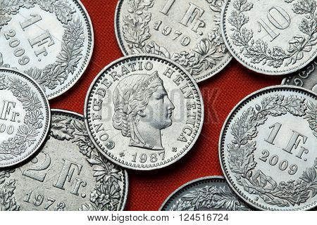 Coins of Switzerland. Libertas head depicted in the Swiss 20 rappen coin.