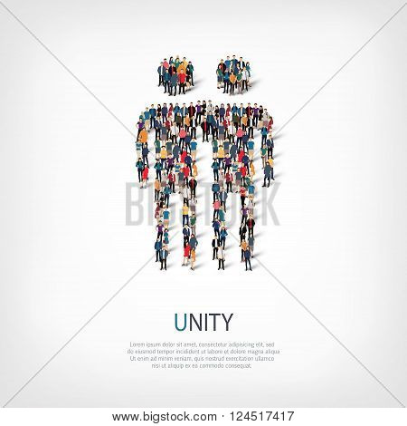 Isometric set of styles, unity , web infographics concept  illustration of a crowded square, flat 3d. Crowd point group forming a predetermined shape. Creative people. - Vector Illustration. Stock vector.