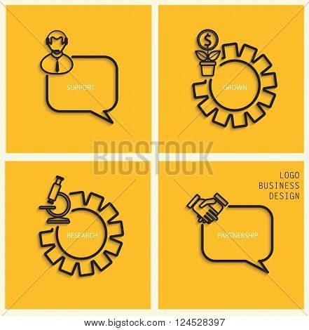 Vector support, business grown, research, partnership in flat style - signs and banner. Gray stylish linear icons with shadow on dark yellow background, vector.