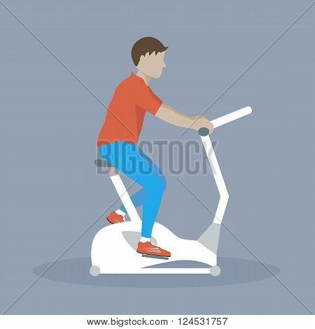 Man doing cycling exercise. Illustration of man with bike trainer. Vector flat characters illustration. Lifestyle and health.