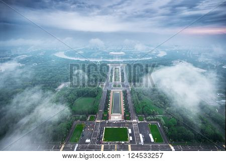 Luzhniki sport complex and cloiudy sky at summer morning in Moscow, Russia, view from MSU
