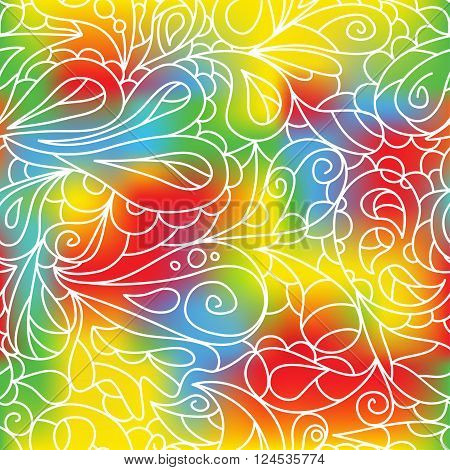 Bright ornate leaf pattern.White contour. Seamless pattern. Coloful vector illustration.