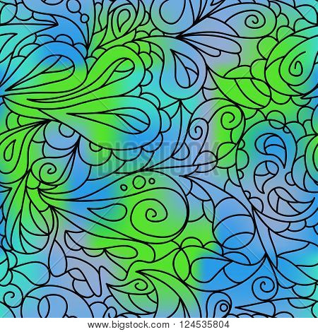 Bright ornate leaf pattern. Seamless pattern. Blue and green vector illustration.