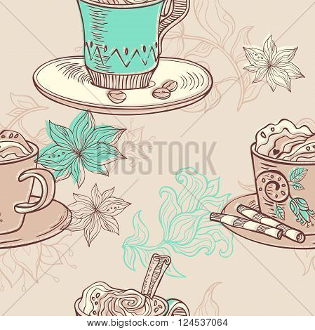 vector seamless pattern with coffee cups and decorative elements