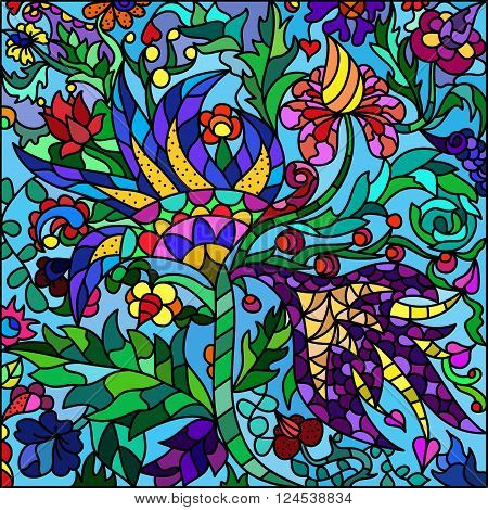 Stained-glass window flowers. Coloful abstract vector background
