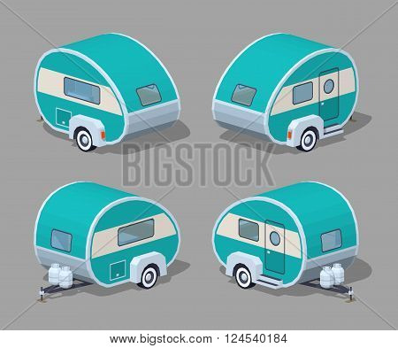 Turquoise retro motor home. 3D lowpoly isometric vector illustration. The set of objects isolated against the grey background and shown from different sides