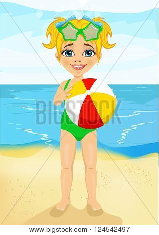 little girl with sunglasses holding an inflatable striped ball at the beach