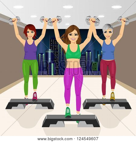 three beautiful young girls doing aerobic exercises at gym smiling