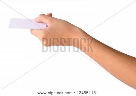 Hand holding empty white paper isolated on white background.