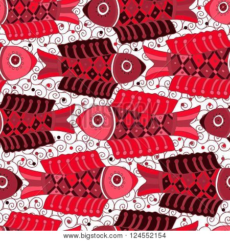 Decorative seamless background pattern with red fishes and contour drawing waves . Textile sea background. Vector illustration