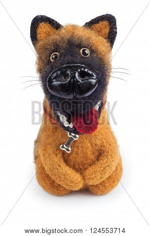 small funny handmade toy ginger dog from felt isolated on white background