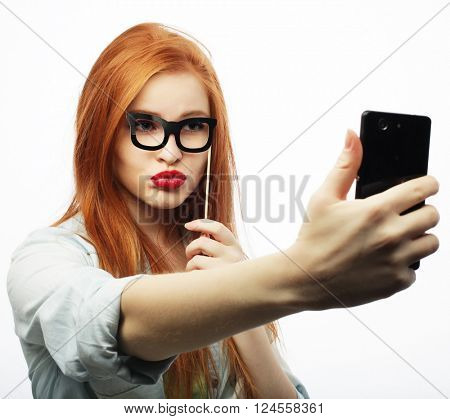 redhair girl ready for party, take selfie