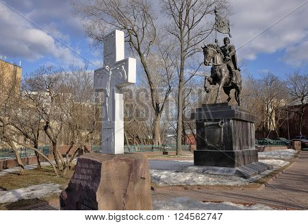 MOSCOW, RUSSIA - MARCH 14, 2016: Monument to the Holy Prince Dimitry Donskoy liberator of the Russian land landmark intersection of Nikoloyamskaya and Yauzskaya streets