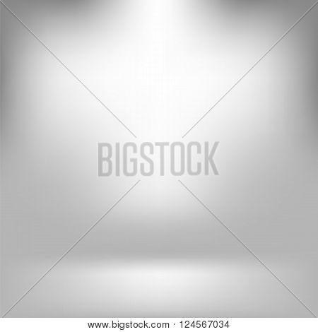 Empty Studio. Light Gray Abstract Background with Radial Gradient Effect. Spotlights Blurred Background. Flat Wall and Floor in Empty Spacious Room Interior for Your Products