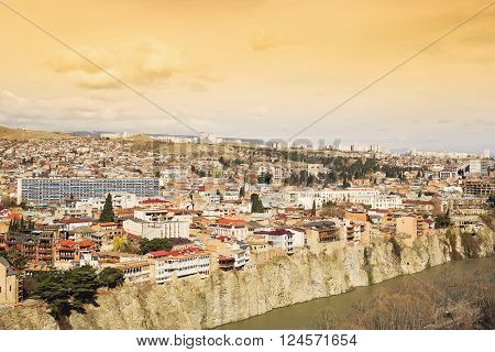 Tbilisi city center aerial view from Narikala Fortress, Georgia