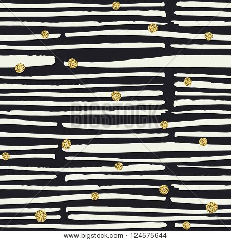 Seamless pattern. Black hand drawn bold lines and golden dots