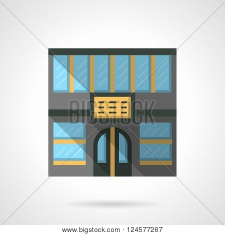 Commercial and service buildings. Hotel or city hostel facade. Stores and markets. Storefronts theme. Flat color style vector icon. Web design element for site, mobile and business.