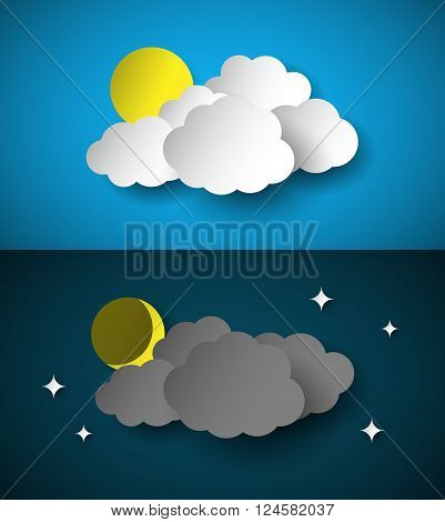 Day and night, clouds, sun, moon, stars, cut paper style vector illustration. EPS 10 format.