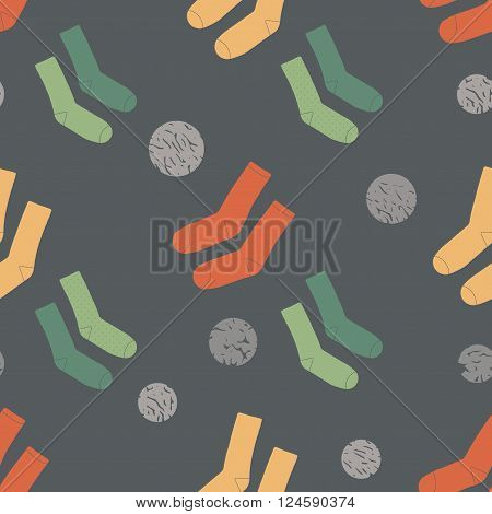 Seamless pattern of colorful socks with circles on a dark background