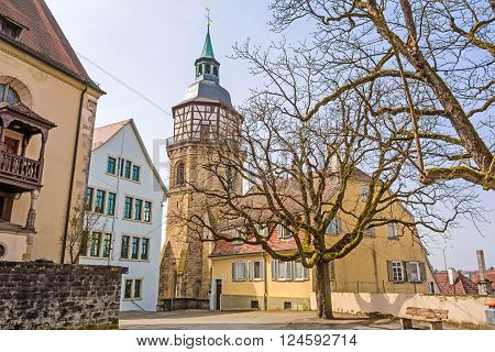 Backnang Germany - April 03 2016: Abbey church of Backnang above the city near town hall and market place.