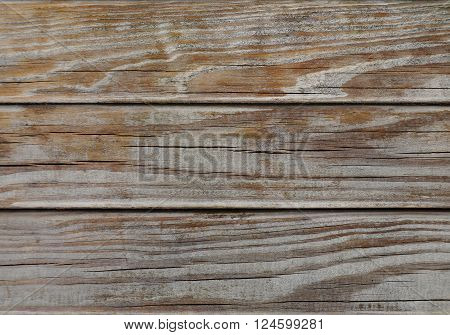 Macro of strongly weathered wood. Naturally aged by the elements. Horizontal cracks can be seen in the well dried wood. The color is partially worn away and shows the grain of the wood. The macro shows three horizontal planks.