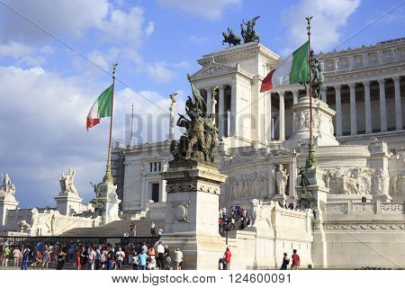 Rome Italy - September 6 2014: tourists in front of Monument to King Vittorio Emmanuele the Vittoriale in Rome Italy