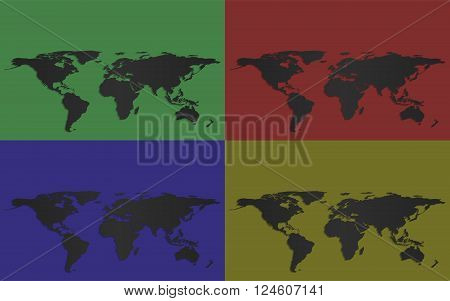 Set of four vector world maps isolated on faintly (dully) colored background