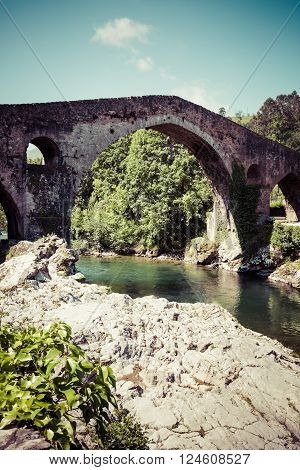 Old Roman stone bridge in Cangas de Onis (Asturias) Spain