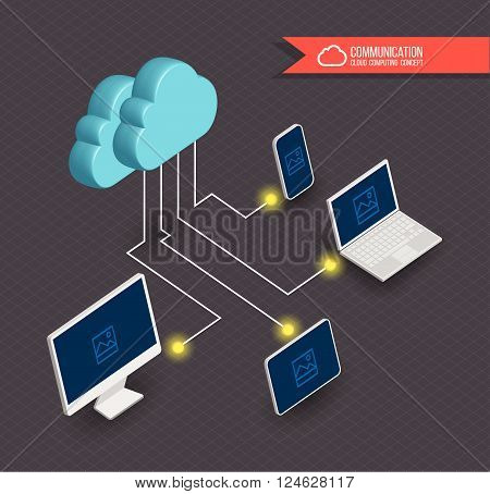 Flat design concept of cloud service and mobile devices with long shadows. Process of upload and download