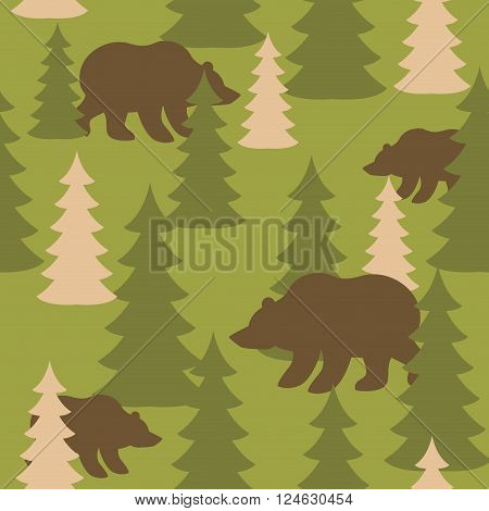 Military camouflage background bears in woods. Wild Beasts and trees Protective seamless pattern. Army soldier texture for clothes. Ornament for hunter. Soldier khaki ornament
