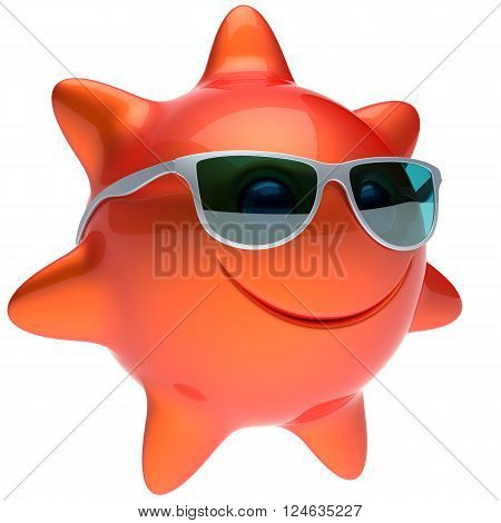 Smiley star sun face sunglasses cheerful summer smile cartoon ball emoticon happy sunny heat orange red person icon. Smiling laughing character holiday chilling sunbathing sunbeam avatar. 3D render